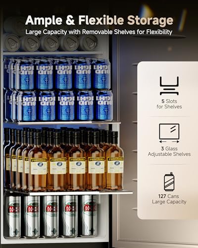 Image of 15 Inch Under Counter Beverage Refrigerator, Outdoor Fridge with 127 Cans Large Capacity & Glass Shelves, Built-in or Freestanding, Small Beverage Refrigerator for Patio & Outdoor Kitchen (Black)