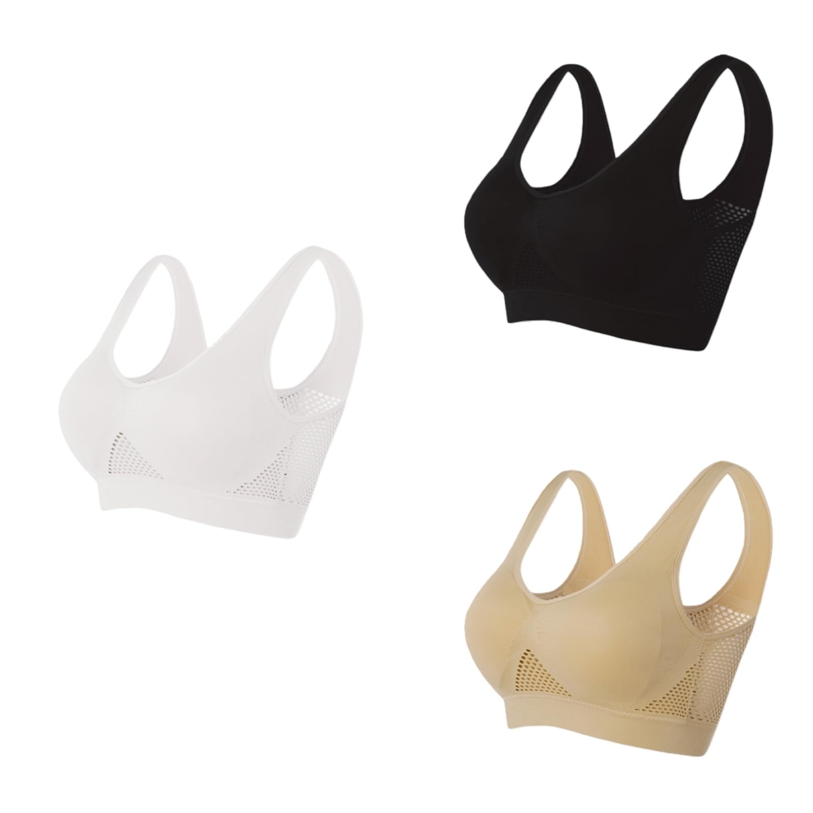 Sujetador Yoga 3 Pack Mujeres Hueco De Malla Lateral Deportivo Sin Alambre Costuras Acolchado Más Tamaño Chaleco Activo Diario-3 Beige-m