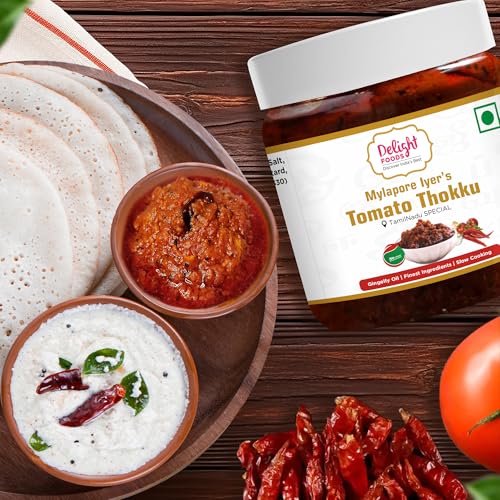 Image of Delight Foods Mylapore Iyer's Tomato Thokku 300g | Traditional Tamil Nadu Rice Mix | Made with Pure Gingelly /Sesame Oil | Homemade Style Tomato Pickle | No Preservatives