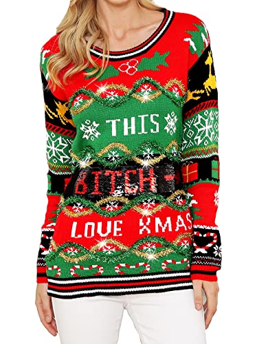 v28 Ugly Christmas Sweater for Women Vintage Funny Merry Tunic Knit Sweaters