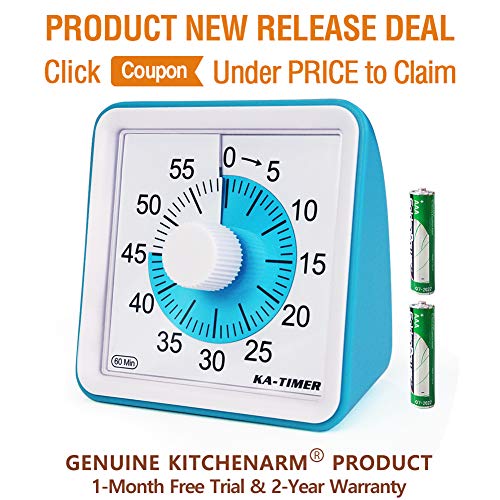 KITCHENARM 60 Minutes Visual Kitchen Timer Wind Up - 3 Inches Visual Analog Timer For Kids Adults No Ticking - 4 Alarm Modes Visual Countdown Timers For Cooking - Silent Timer For Classroom (BLUE)