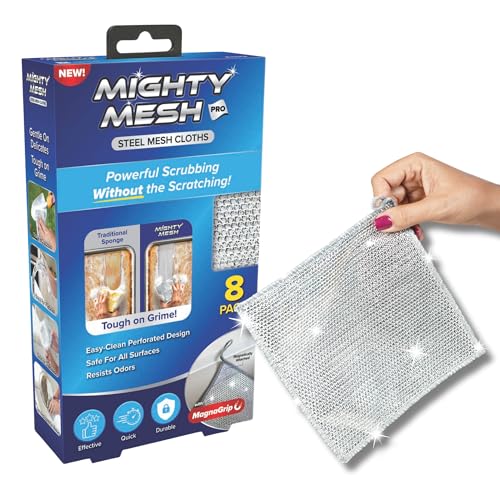 Mighty Mesh Pro Steel Mesh Cloths (8 Pack) with MagnaGrip Magnetic Storage | Powerful, Non-Scratch Kitchen Scrubber | Easy-Clean, Odor-Resistant Design for All Surfaces by @HomePrep - Used condition - US$8.55