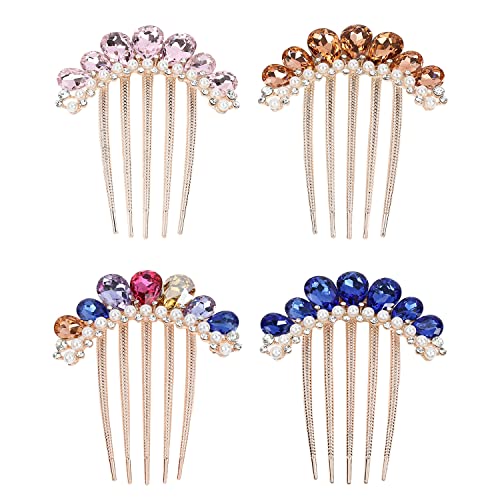 4 Pack Luxury Jeweled Gems Crystal Rhinestone Pearl Glitter Sparkly Metal Side Hair Combs With Long Teeth Bun Slide Hairpins Barrettes Hair Clips Thick Hair Holder Accessories For Women Girl #TOP1