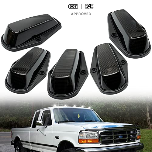 5Pcs Led Cab Marker Roof Running Lights Replacement For 1984-1997 F150 F250 F350 F Series Pickup Trucks Xenon White Led Cab Lamps Assembly Smoked Lens Cover Oem Fit Top Clearance Marker Light Kit #TOP1