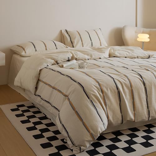 Image of mixinni Cotton Linen Jacquard Duvet Cover Set King, 3-Piece Mid-Century Modern Bedding, Vintage Striped Bohemian Duvet Cover with 2 Pillowcases, All-Season Breathable Comforter Cover-King Size