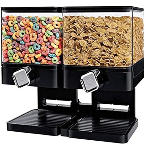 enyaa® Double Plastic Classic Dry Food Cereal Dispenser Double Canister, Great for Cornflakes, candy, nuts, beans, granola - Kitchen Storage Dispenser -White Transparent (Black) Cover
