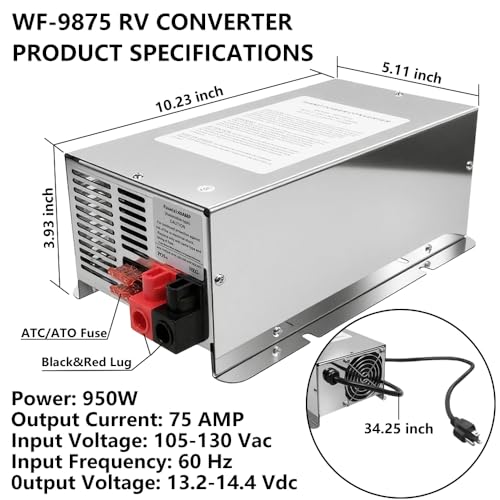 WF-9875 75 Amp Power Converter Deck Mount Charger WF-9875-AD-CB Compatible with RV Trailer Camper Car Boat WF-9800 Series Power WF-9875-MBA WF-9875-LIS Three-Stage Converter Charger 13.2-14.6V DC3