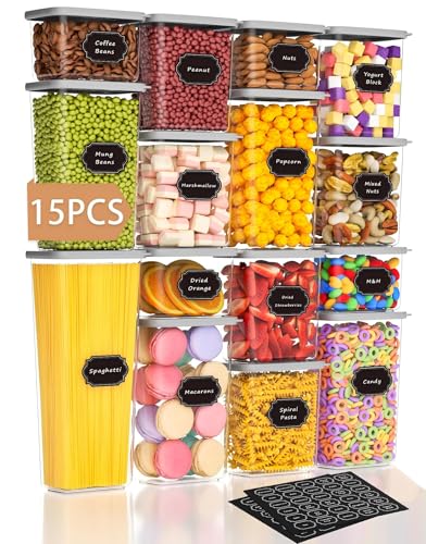 Homhut Airtight Food Storage Containers With Lids 15pcs Organization Canisters Kitchen Bpa Free Plastic Pantry Containers Storage Set for Pasta, Cereal, Dry Food, Flour and Sugar-60 Labels