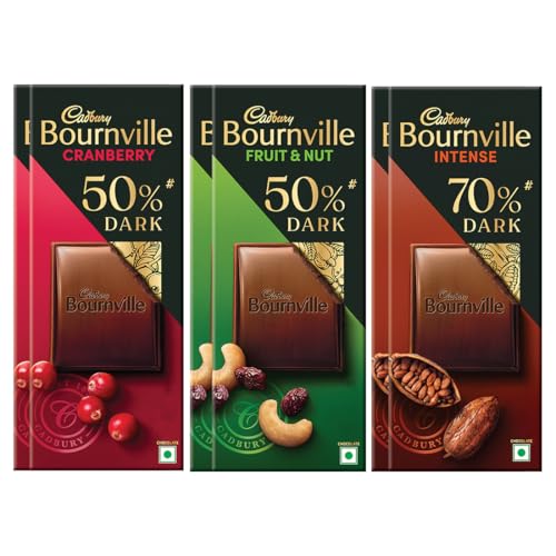 Image of Cadbury Bournville Dark Chocolate Bars Combo (2 x Cranberry78 gm, 2 x Fruit & Nut 75 gm, 2 x 70% Dark Chocolate Bar 75 gm)