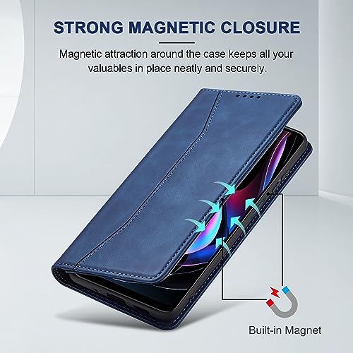 Image of Jasonyu Flip Wallet Case for Motorola Edge 5G UW /Moto Edge (2021),Leather Magnetic Folio Cover with Card Holder,Kickstand - TPU Shockproof Durable Protective Phone Case,Blue