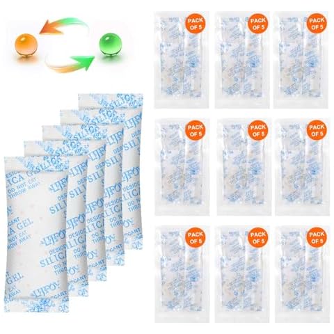 LIFJOY 5 Gram [50 Packets] Food Grade Silica Gel Packets, Rechargeable Desiccant Packs with Color Indicating Beads, Moisture Absorbers for Moisture Control - Protects Items from Moisture Damage Cover