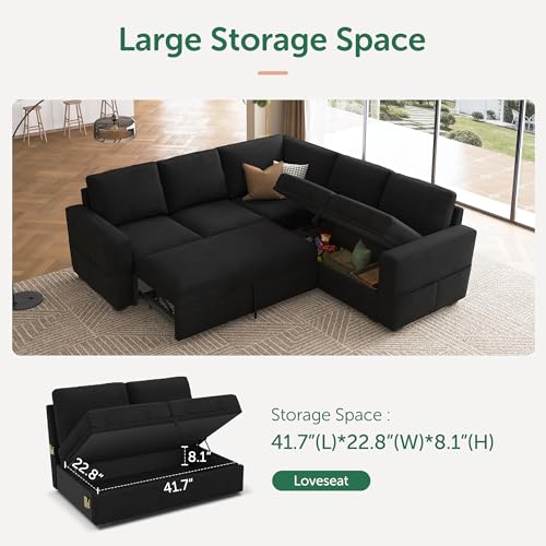 Image of HONBAY Modular Sectional Sleeper Sofa with Pull-Out Bed, Velvet L-Shaped Sofa with Storage Seat, Sectional Sofas for the Living Room, Black
