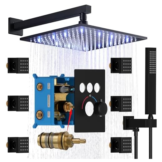 Enga Body Jet Shower System Can Use All Options at A Time, 12inch LED Rain Shower Wall Mounted Body Spray Shower Faucet Fixture Set, Matte Black