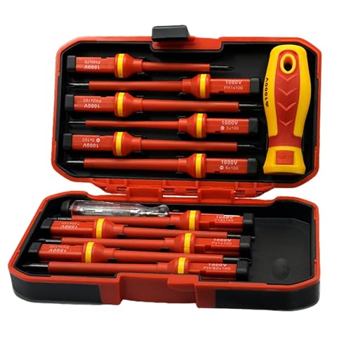 13Pcs Insulated Electricians Screwdriver Set: 1000V Changeable Screw Driver Sets with Case Rubber Handle Magnetic Slotted Pozi Torx Phillips Bits for Professional Electrical Work and Home Use
