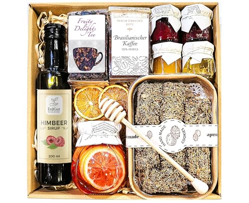 Geschenkset mit brasilianischem Arabica Kaffee, Früchtetee, Himbeersirup, Kataifi-Kekse, Marmeladen und Honig im Korb, 25 x 25 x 8 cm