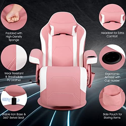 COSTWAY Massage Gaming Chair, Ergonomic High Back Swivel Racing Chair with Footrest, Headrest and Cup Holder, PU Leather Adjustable Recliner Computer Desk Chairs (Pink)