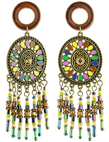 Balala 8mm-22mm Bohemian Beads Tassel Wood Dangle Ear Gauges Piercing Flesh Tunnels Plugs Statement Earrings