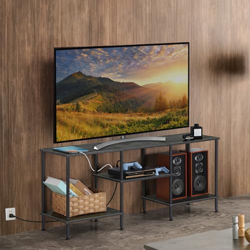 Image of OYEAL Bedroom TV Stand with Power Outlets up to 50 inch TV, Small Entertainment Center Stand with Storage Modern Media TV Console Table for Living Room Bedroom, Dark Grey