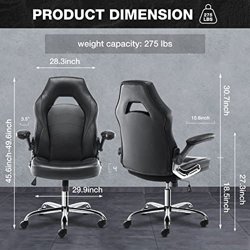 Image of OLIXIS Ergonomic Gaming Office Chair - PU Leather Executive Swivel Computer Desk Chair with Flip-up Armrests and Lumbar Support for Working, Studying, Gaming, Grey, Black (95black)