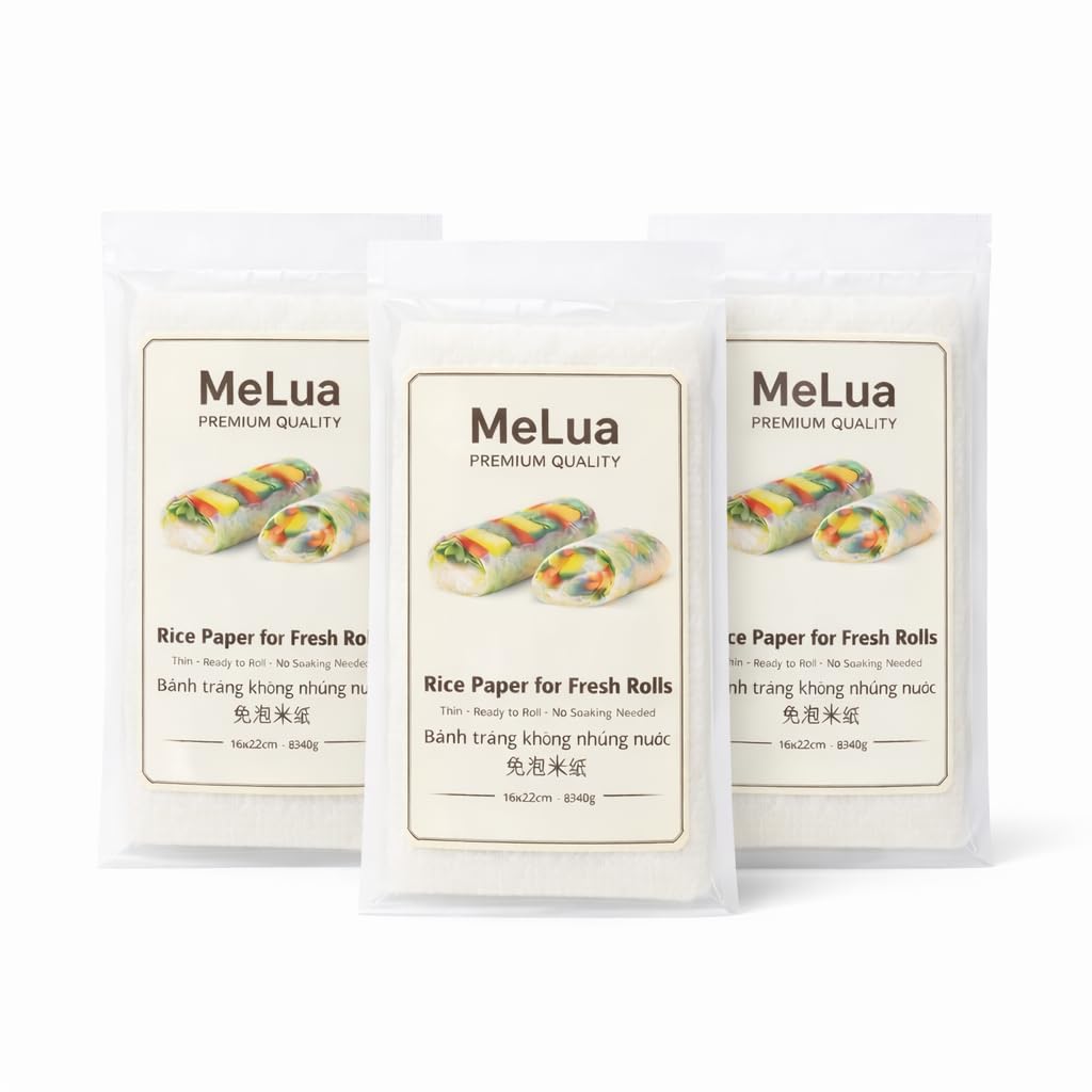 MeLua Vietnamese Rice Paper for Fresh Rolls 16x22cm 340g | No Soaking Needed, Use Dry | Gluten Free | Vegan | Authentic Vietnamese Wrappers (Pack of 3)