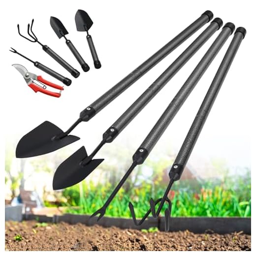 Garden Tool Set with Extended Long Handle, 5 Pieces Stainless Steel Gardening Tool Kit, Gifts for Parents and Kids Including Trowels, Hand rake, Weeder, Pruning Shears for Weeding Planting