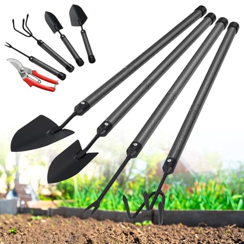 Garden Tool Set with Extended Long Handle, 5 Pieces Stainless Steel Gardening Tool Kit, Gifts for Parents and Kids Including Trowels, Hand rake, Weeder, Pruning Shears for Weeding Planting