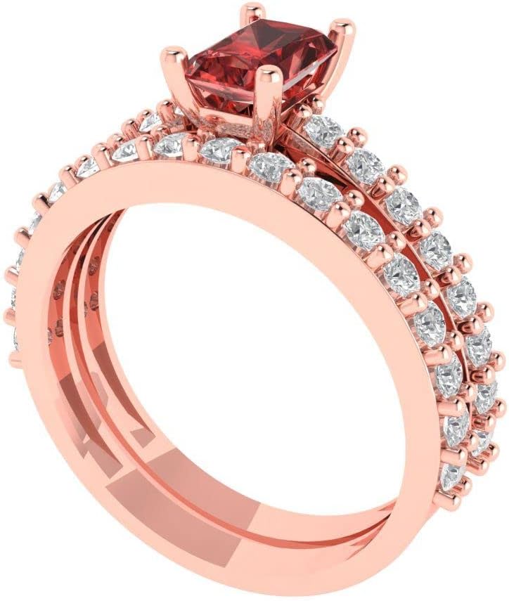 Women's 18K Rose Gold Emerald-Cut Garnet Solitaire Bridal Set with Eternity Band (1.325 cttw)