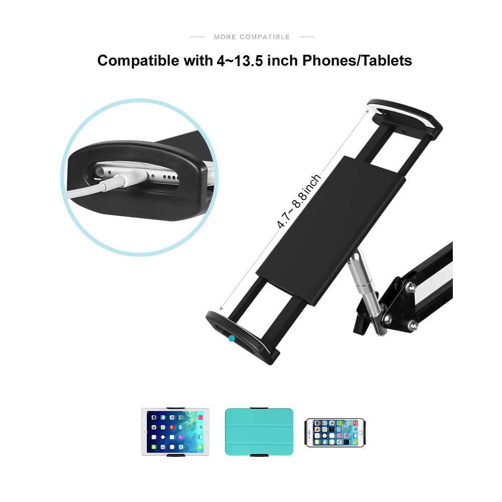 Soporte de metal resistente para teléfono/tableta, soporte universal para teléfono móvil, soporte perezoso, rotación de 360°, cuello de cisne, brazo largo flexible (negro, 1.7 m)