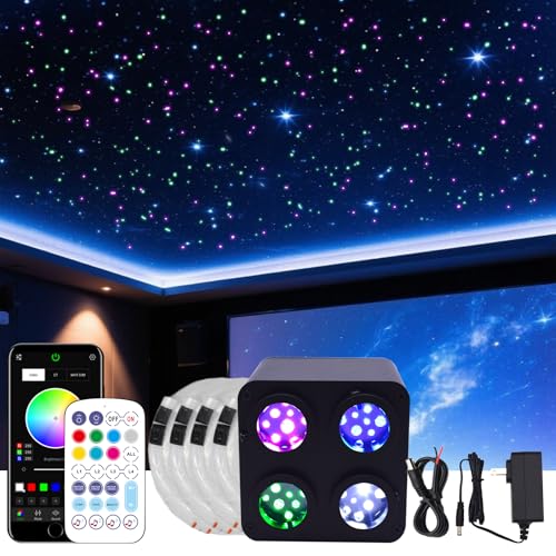 Image of 36W 4-Head 4 Color RGBW Twinkle Fiber Optic Lights, Starlight Headliner Kit with Total 1200pcs*0.75mm /0.03in 13.1ft Optical Fiber Cables+Remote and APP Control for Car and Home Interior Decoration