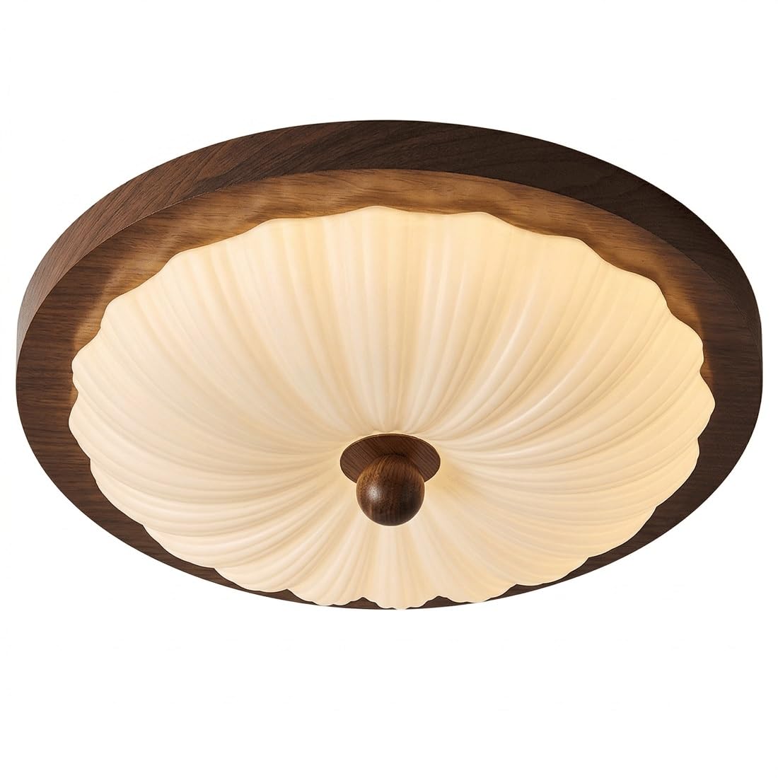 Vintage French Style Retro Ceiling Light, Sophisticated Walnut Grain Texture Rim, Elegant Pleated Plisse PVC Shade, Classic Bowl Shape Soft Glow, Flush Mount Plafond for Bedroom, Study(17.72"(45cm)