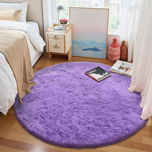 OLANLY Purple Round Rugs for Bedroom - Machine Washable, 7 ft Circle Area Rugs for Living Room, Soft and Fluffy Shaggy Carpet for Teen Girls and Boys, Nursery Rooms, Dorms, Home Decor Aesthetic