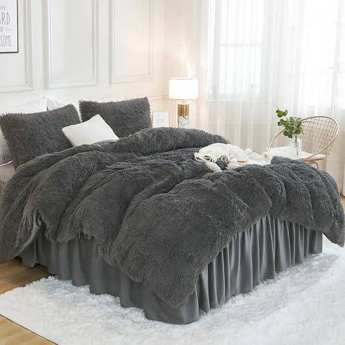 Andency Faux Fur Dark Grey Comforter Full Size, 3 Pieces Fluffy Fuzzy Plush Gray Bedding Comforter Set (1 Shaggy Velvet Comforter & 2 Pillowcases), Soft Puffy Comfy Bedding Set