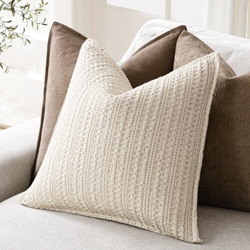 Image of Foindtower Set of 2 Decorative Cotton Waffle Weave Throw Pillow Covers Euro Shams Cushion Covers Accent European Pillowcase for Bed Couch Sofa Bedroom Living Room Home Decor 26x26 Inch Natural Beige