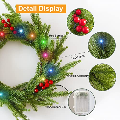 18 Colors Christmas Wreath, 13.4In Color Changing Winter Front Door Wreath With Lights, 14 Led Hanging Glittery Wreath With Red Berry Pine Cypress Xmas Wreath Remote Timer Wall Window Christmas Decor #TOP3