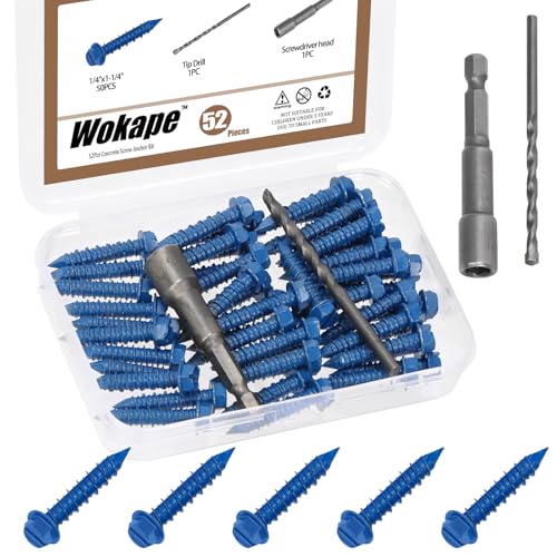 Wokape 52 pièces 1/4« x 1-1/4 » Kit d'ancrage à vis à béton hexagonales à fente, vis hexagonales à fente bleues avec foret et douille hexagonale Vis à...
