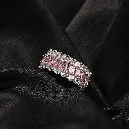 14K Gold Pink Oval Moissanite Band Ring, Triple-Row Moissanite Wedding Rings, Best Jewelry Gift for Women4