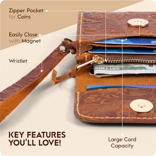 Toros Craft Handmade Leather Wallets for Women, Western Wristlet Wallets, Floral Leather Small Credit Card Holder with Zipper, Minimalist & Cute Coin Pouch, Genuine Leather, Camel4