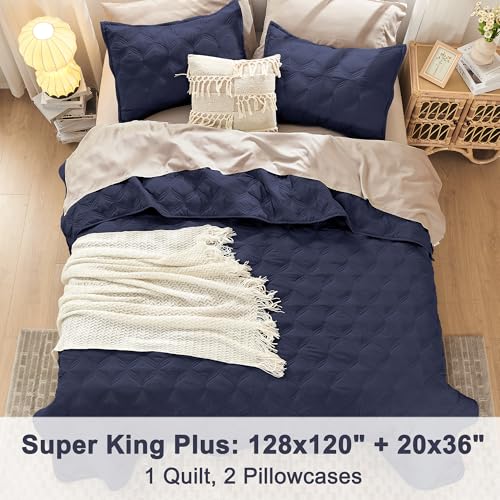 Image of Litanika Oversized King Quilt Bedding Set, 128x120 Inch Super King Navy Comforter Bedspreads Lightweight Bed Coverlets Boho Bedding Cover Decor All Season,3 Pieces (1 Quilt, 2 Pillowcases)