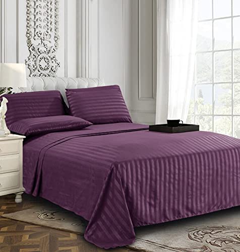 Elegant Comfort Softest and Coziest 4-Piece Sheet Set - 1500 Premium Hotel Quality Microfiber - Luxurious Wrinkle Resistant 4-Piece Damask Stripe Bed Sheet Set, Twin, Eggplant/Purple