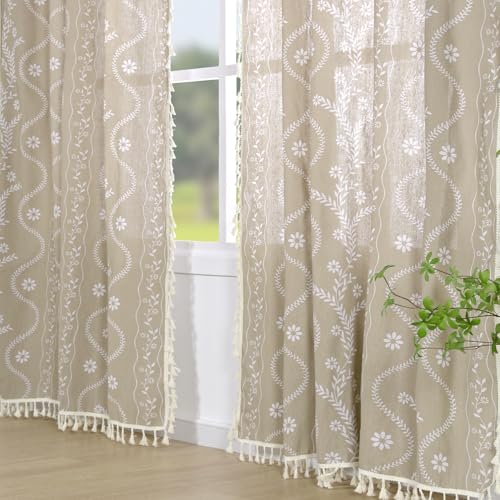 Image of Schweek Tan Semi Sheer Curtains 84 Inches Long 2 Panels for Living Room