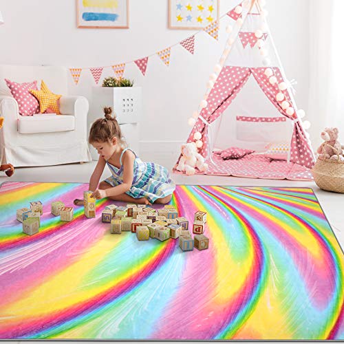 PartyKindom Kids Rug for Girls Room with Non-Slip Design - Rainbow Area Rugs for Children Kids Bedroom Play Room Nursery Colorful Fluffy Carpet Home Decor (5 x 6.5 Ft) - Thumbnail 3