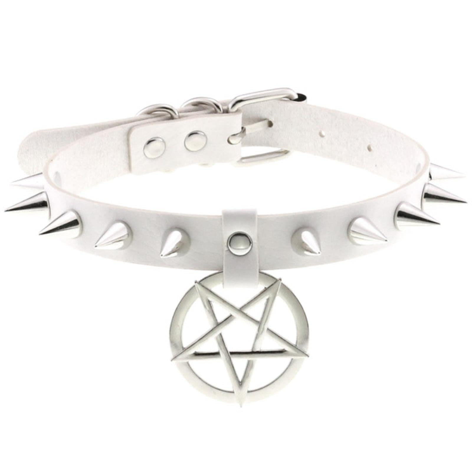WEITING New Harajuku Chocker Sexy Pentagram Rivets White Goth Punk Chokers Gothic Choker Necklace for Women Hip Hop Bondage Cosplay-P004 white