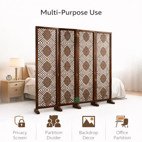 Image of Wooden Room Divider 6 Feet, 4-Panel Folding Wooden Partition for Living Room, Office, Pooja Room, Restaurant, Kitchen & Balcony (2W x 1.82H Meters). (Brown-Mixed Design)