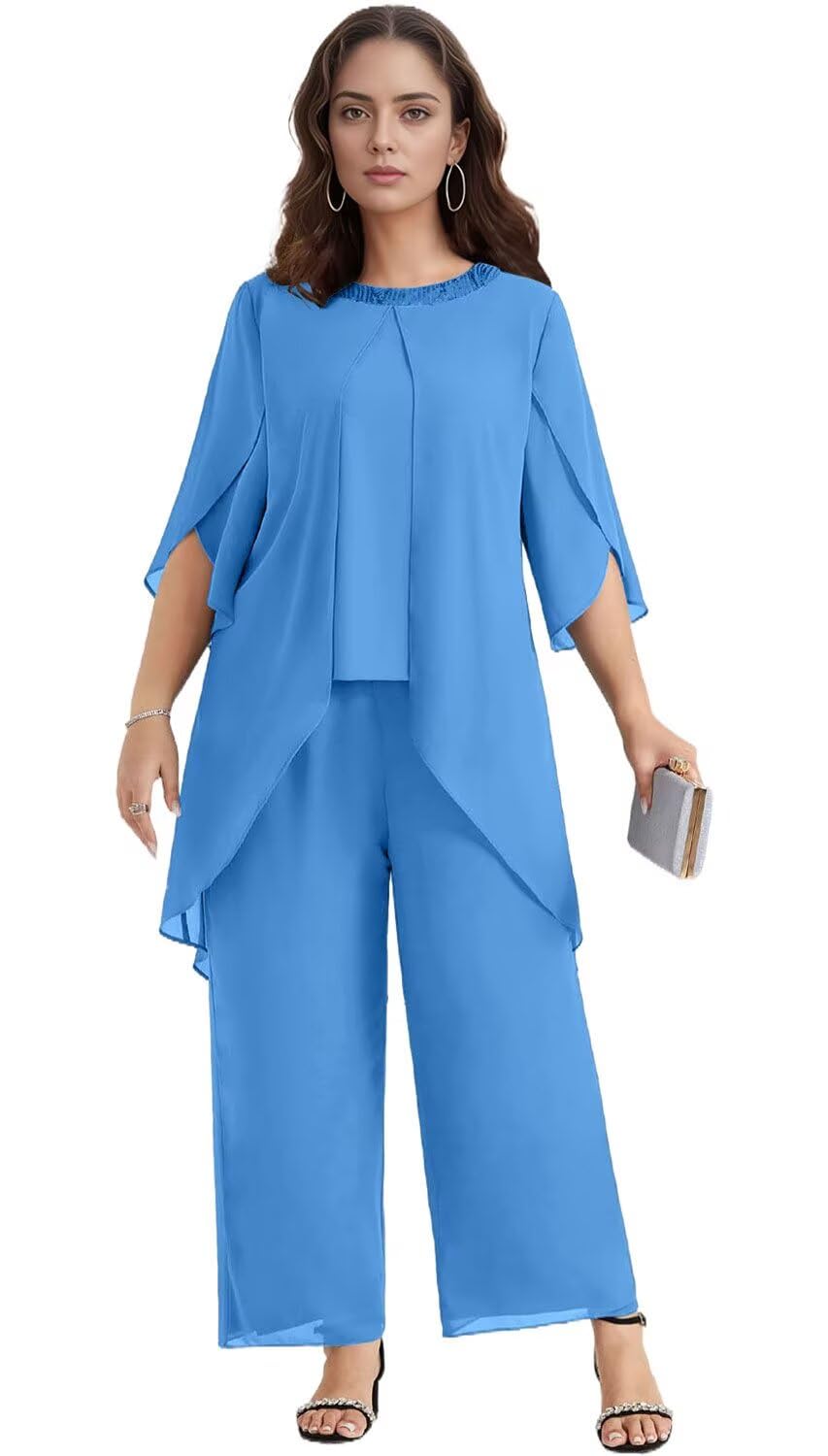 2 Pieces Chiffon Mother of The Bride Pant Suits for Wedding Sequins Wedding Guest Outfits Formal Jumpsuits