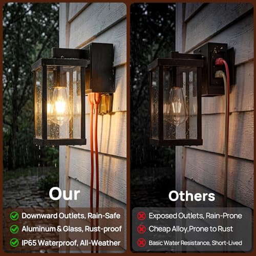 Image of Porch Lights with GFCI Outlets Dusk to Dawn Outdoor Wall Lights Waterproof Exterior Lighting Fixtures Modern Outside Lights Wall Mount for House Patio Garage,11.8''H,1PC