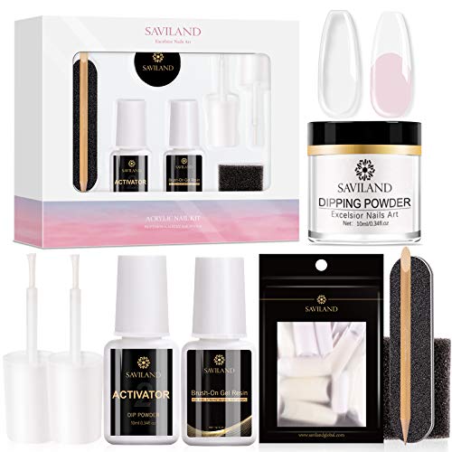 Dipping Powder Nail Starter Kit, Saviland Dip Powder System with Activator Nail File Acrylic Form Tips Quick Nail Extension Set, No UV/LED Nail Lamp Needed for French Manicure Nail Art