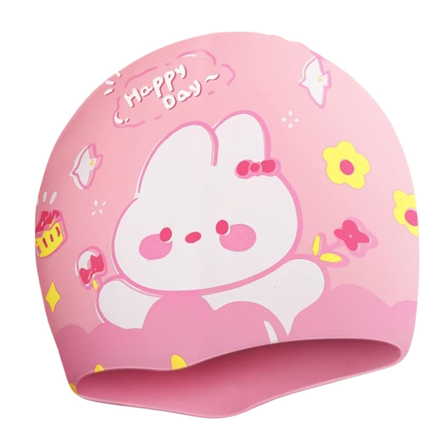 Silicone Swimming Cap Unisex Waterproof Swimming Pool Cap Water Sports for Children Kids Boys Girls of All Age (Universal Size, Non Slip Interior Cartoon Design Super Soft Pink Happy Day Bunny)