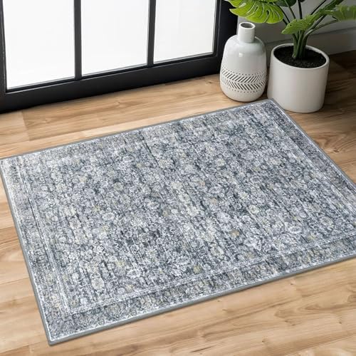2x3 Grey Brown Washable Rug Soft Area Rug for Entryway, Non-Slip Indoor Door Mat Distressed Floral Low-Pile Kitchen Rugs, Neutral Vintage Carpet for Entrance Kitchen Bedside Farmhouse