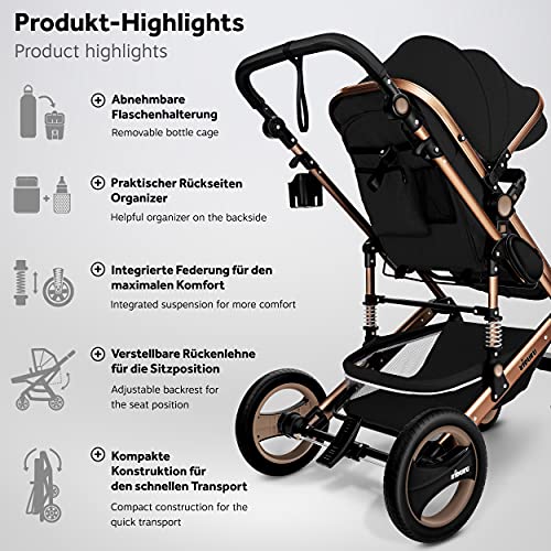 KIDUKU® 3 in 1 Kinderwagen Komplettset | Kombikinderwagen Set inkl. Babywanne Buggy Auto-Babyschale Fußsack | Voll-Gummireifen Wickeltasche Regenschutz Kindertisch (Schwarz/Kupfergold)