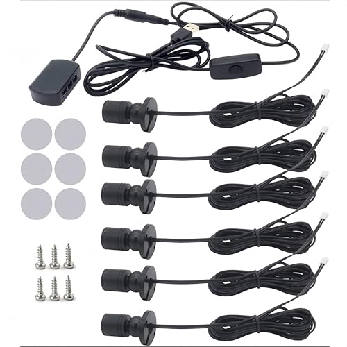 HOMEHIGH 6 PCS Mini LED Spotlight for Display Cabinet, Aluminum USB Showcase Lights with Dimmer, 5V 1W Rotatable Jewelry Display Lighting for Painting Plant Picture (Cool White 6000K, Black)